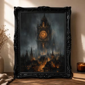 May include: A framed print featuring a gothic cityscape with a prominent clock tower. The artwork is dominated by dark tones, with warm, golden light illuminating the clock face and building windows. The ornate black frame adds a classic touch.