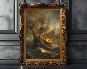 Moody Pirate Landscape Art Print - Dark Sea & Black Sky Ocean Painting, Vintage Moody Ocean Decor, Nautical Wall Art