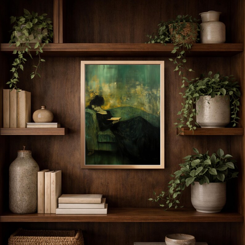 Retrato vintage de mujer melancólica - Lámina artística verde esmeralda, decoración Dark Academia y arte mural antiguo victoriano, estética gótica imagen 9
