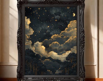 Paesaggio celeste cupo e malinconico, stampa artistica di nuvole astratte, decorazione murale vintage con cielo e notte indaco, accademia oscura massimalista