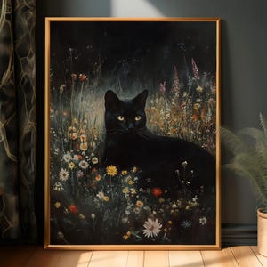Dark Academia Cat Print, Moody Cottagecore Art, Dark Nature Wall Decor for Cat Lovers, Gothic Vintage Style Home Decoration