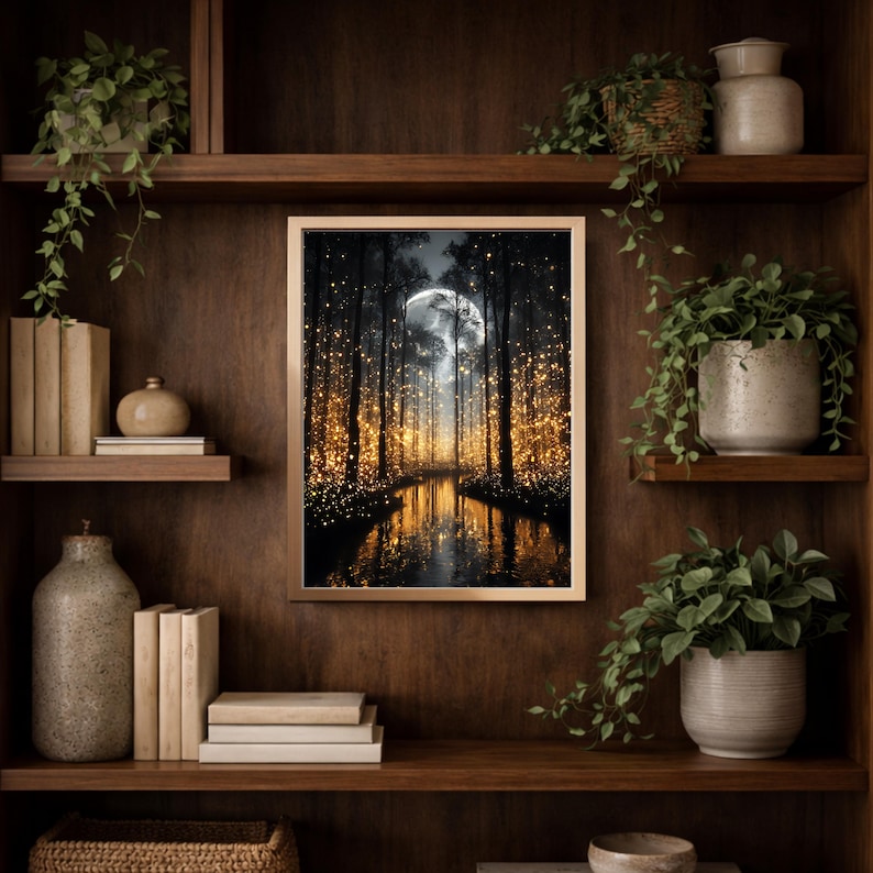 Night Enchanted Forest Wall Art Print, Moonlit Firefly River, Dark ...