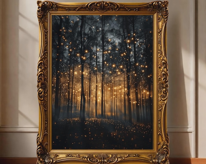 Enchanted Forest Firefly Art Print - Botanical Wall Art, Landscape Canvas Decoration, Artful Nature Fireflies Decor