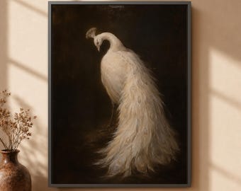Retrato de pavo real blanco, lámina de ave oscura y melancólica, decoración de plumas color crema, elegante obra de arte animal, póster dramático para galería, regalo de lujo para el hogar