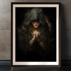 Arte mural de bruja oscura, impresión de fantasía gótica, póster de hechicera medieval, decoración de estética oscura, obra de arte de mujer misteriosa