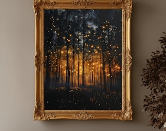 Enchanted Forest Firefly Art Print - Botanical Wall Art, Landscape Canvas Decoration, Artful Nature Fireflies Decor