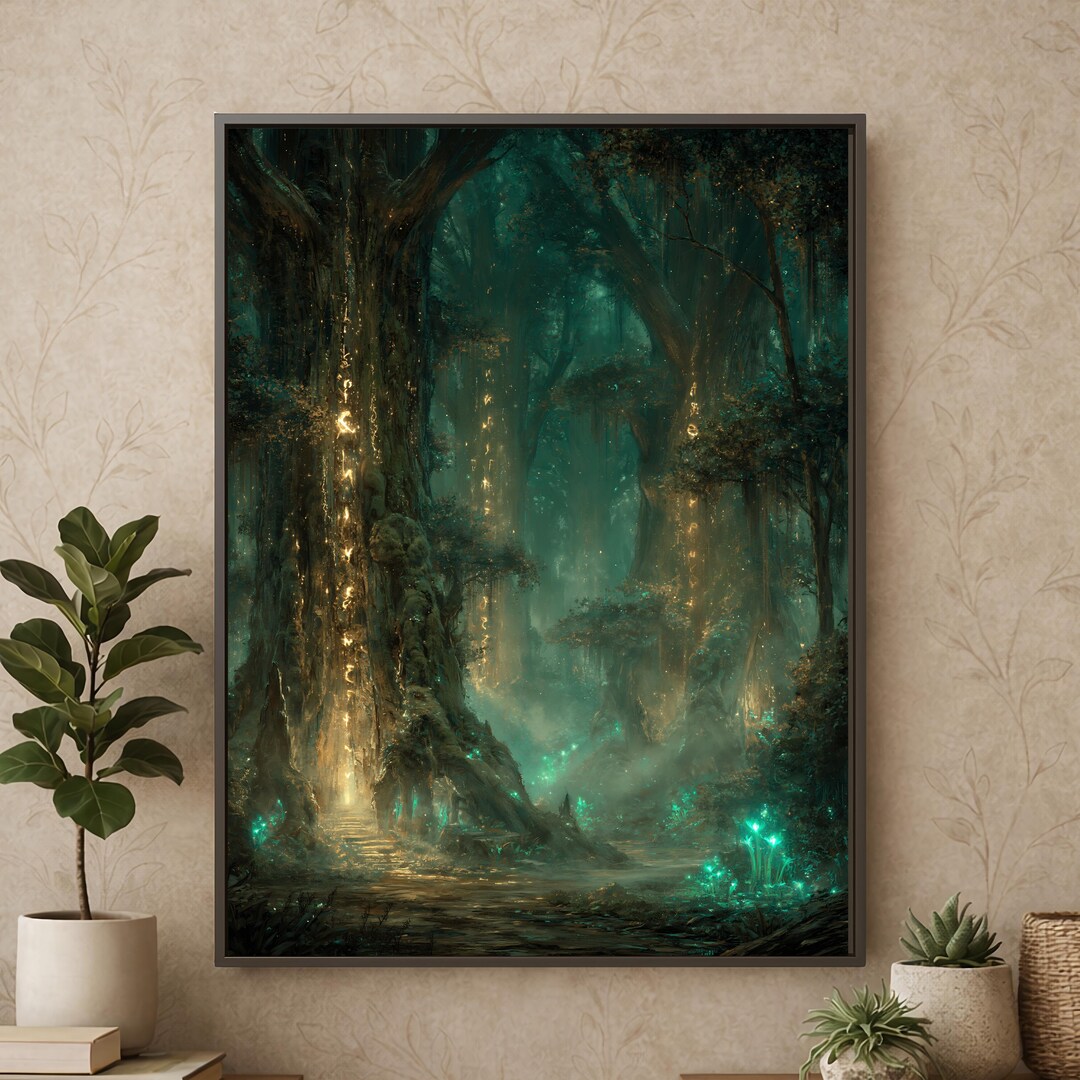 Enchanted Forest Wall Art, Dark Gothic Woodland Print, Emerald Fantasy ...