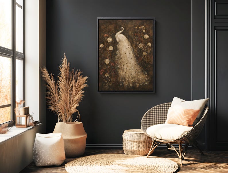 Vintage Peacock Print Wall Art Kitchen Decor, Large Framed Botanical