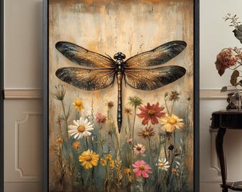 Ingelijste canvaskunst libel, vintage maximalistische muurdecoratie