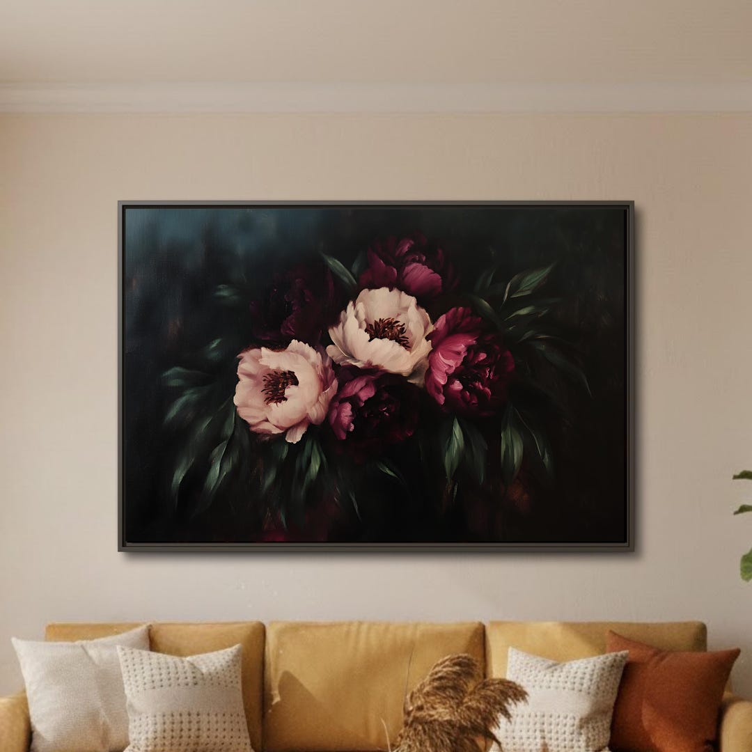 Dark Romantic Floral Peony Canvas, Moody Botanical Flower Wall Art - Etsy