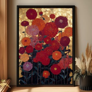 May include: A framed floral art print featuring a vibrant arrangement of red, orange, and purple flowers against a gold background. The artwork is set in a black frame, creating a striking contrast.