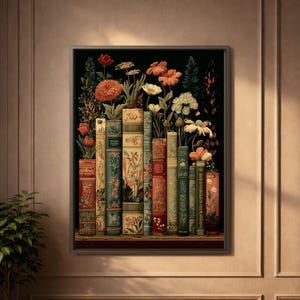 Dark Floral Vintage Library Art Print, Moody Botanical Bookshelf Wall Art image 7