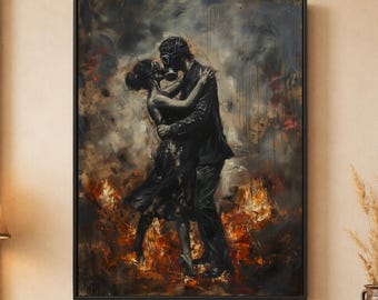 May include: A framed wall art print depicting two figures in dark clothing wearing gas masks, embracing amidst a swirling, smoky background with vibrant orange and red flames at their feet, rendered in a textured, painterly style.