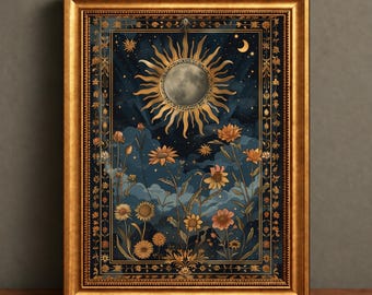 Cuadro decorativo de luna y sol celestiales, póster botánico oscuro del zodíaco para habitaciones con decoración mística.