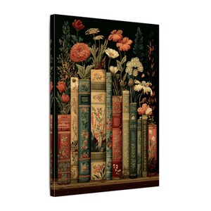 Dark Floral Vintage Library Art Print, Moody Botanical Bookshelf Wall Art image 12