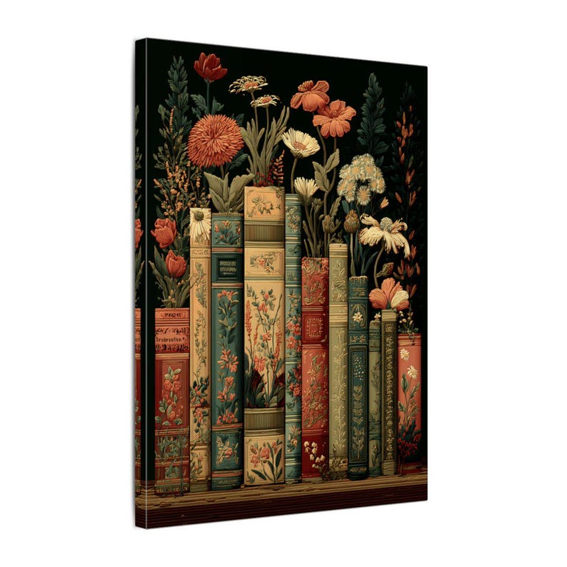 Dark Floral Vintage Library Art Print, Moody Botanical Bookshelf Wall Art image 12