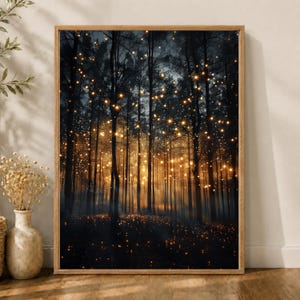 Magical Forest Wall Art Print, Dark Maximalist Canvas Print  Enchanted Fireflies Decoration