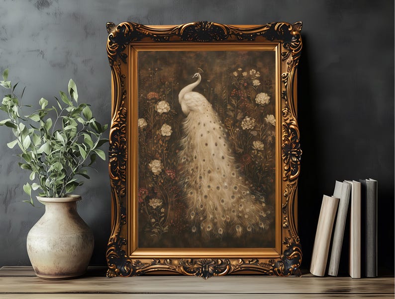 Vintage Peacock Print Wall Art Kitchen Decor, Large Framed Botanical