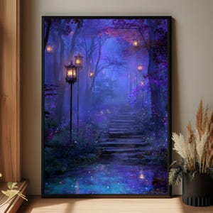May include: A framed art print depicts a mystical forest scene. The artwork features a path leading up steps, illuminated by lanterns. The color palette is dominated by shades of purple and blue, creating a magical atmosphere. The print is displayed in a black frame.
