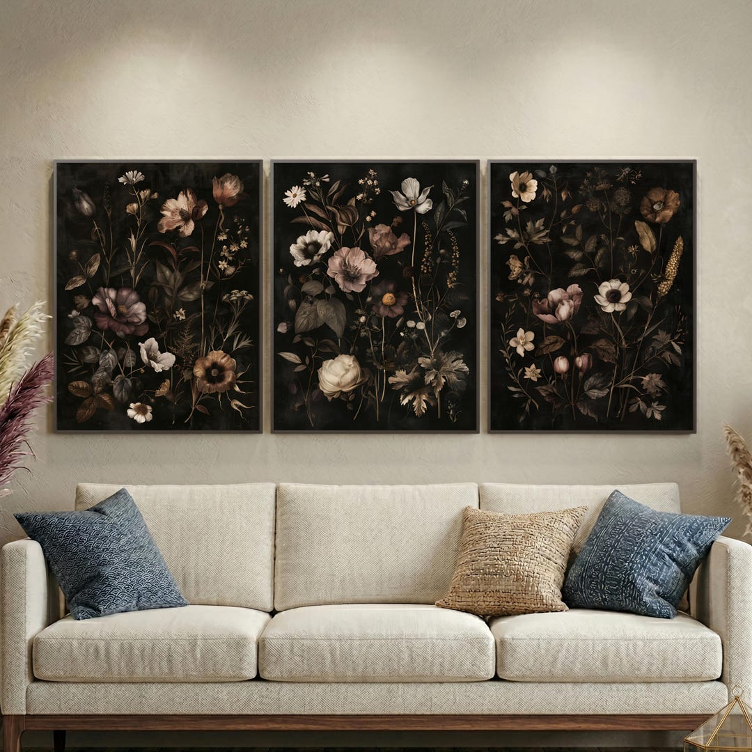 Dark Vintage Floral 3 Piece Wall Art Set Canvas Art, Romantic Moody ...