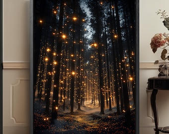Plakat z zaczarowanym lasem – Magiczne leśne światła – Mistyczne zdjęcia natury do sypialni lub salonu