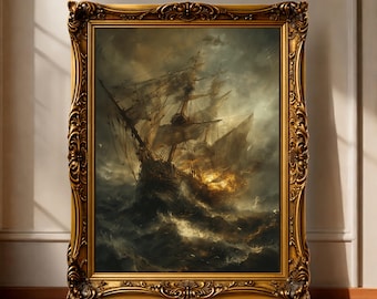 Pirate Ship Wall Art | Dark Ocean Storm Painting For Moody Nautical Décor