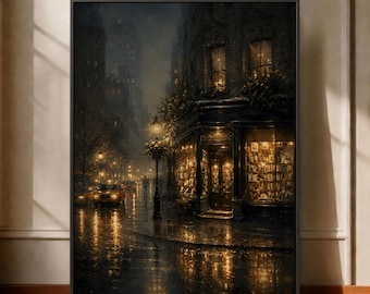 Lámina decorativa de una librería en una ciudad lluviosa, escena nocturna urbana con un ambiente melancólico, marco dorado, decoración de estilo Dark Academia, lámina con efecto de luz cálida en la ventana.
