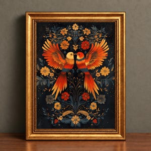 Mexican Wall Art, Vintage Framed Large Canvas, Botanical & Bird Print, Dark Art Bedroom Decor, Unique Housewarming Gift