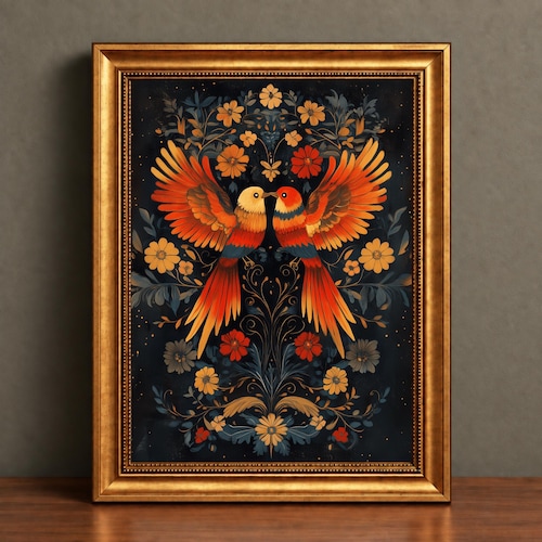 Arte mural mexicano, lienzo grande enmarcado de estilo vintage, estampado botánico y de aves, decoración oscura para dormitorio, regalo único para inauguración de casa.