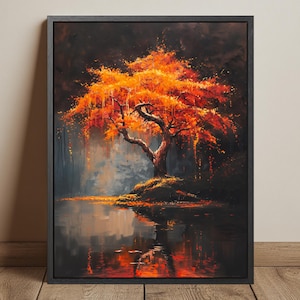 Arce japonés otoñal encantado, paisaje forestal otoñal oscuro con resplandor otoñal, decoración de pared de naranjo, póster de estética natural y oscura