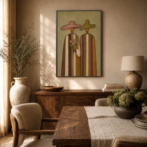 Tall Mushroom Pair With Earth Tone Stripes For Organic Modern Living Room Art Print