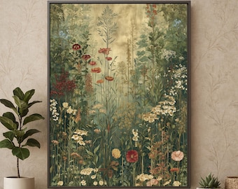 Stimmungsvoller Vintage Wildblumen Druck, Botanischer Garten Wandkunst, Elegantes Blumendekor