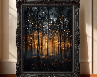 Muurkunst magisch bos, donkere maximalistische canvasprint decoratie betoverde vuurvliegjes