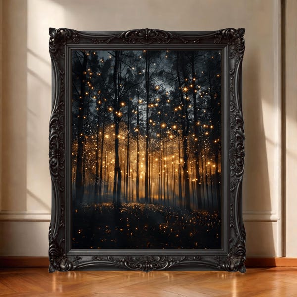 Magical Forest Wall Art Print, Dark Maximalist Canvas Print  Enchanted Fireflies Decoration