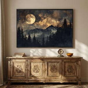 Lienzo con escena nocturna de montaña brumosa: Bosque iluminado por la luna imagen 3