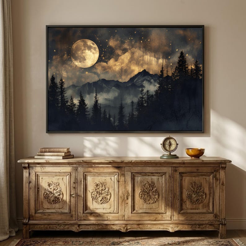 Lienzo con escena nocturna de montaña brumosa: Bosque iluminado por la luna imagen 3