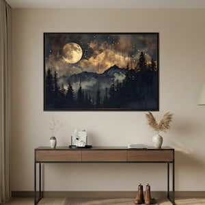 Lienzo con escena nocturna de montaña brumosa: Bosque iluminado por la luna imagen 8