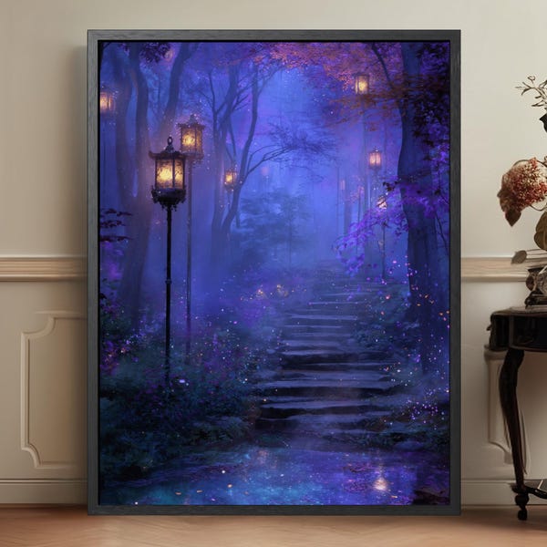 Enchanted Forest Path Wall Art, Dreamy Purple Canvas Print, Mystical Night Poster