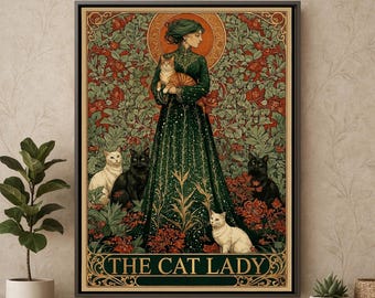 May include: A framed print featuring a woman in a green dress holding a tabby cat, surrounded by black and white cats. The background has a floral pattern in red and green, with the text "THE CAT LADY" at the bottom.