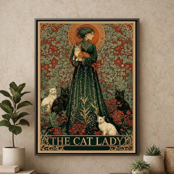 Vintage Botanical Cat Lady Illustration, Gothic Figurative Woman Canvas Art