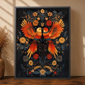 Mexican Wall Art, Vintage Framed Large Canvas, Botanical & Bird Print, Dark Art Bedroom Decor, Unique Housewarming Gift