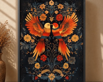Arte mural mexicano, lienzo grande enmarcado de estilo vintage, estampado botánico y de aves, decoración oscura para dormitorio, regalo único para inauguración de casa.