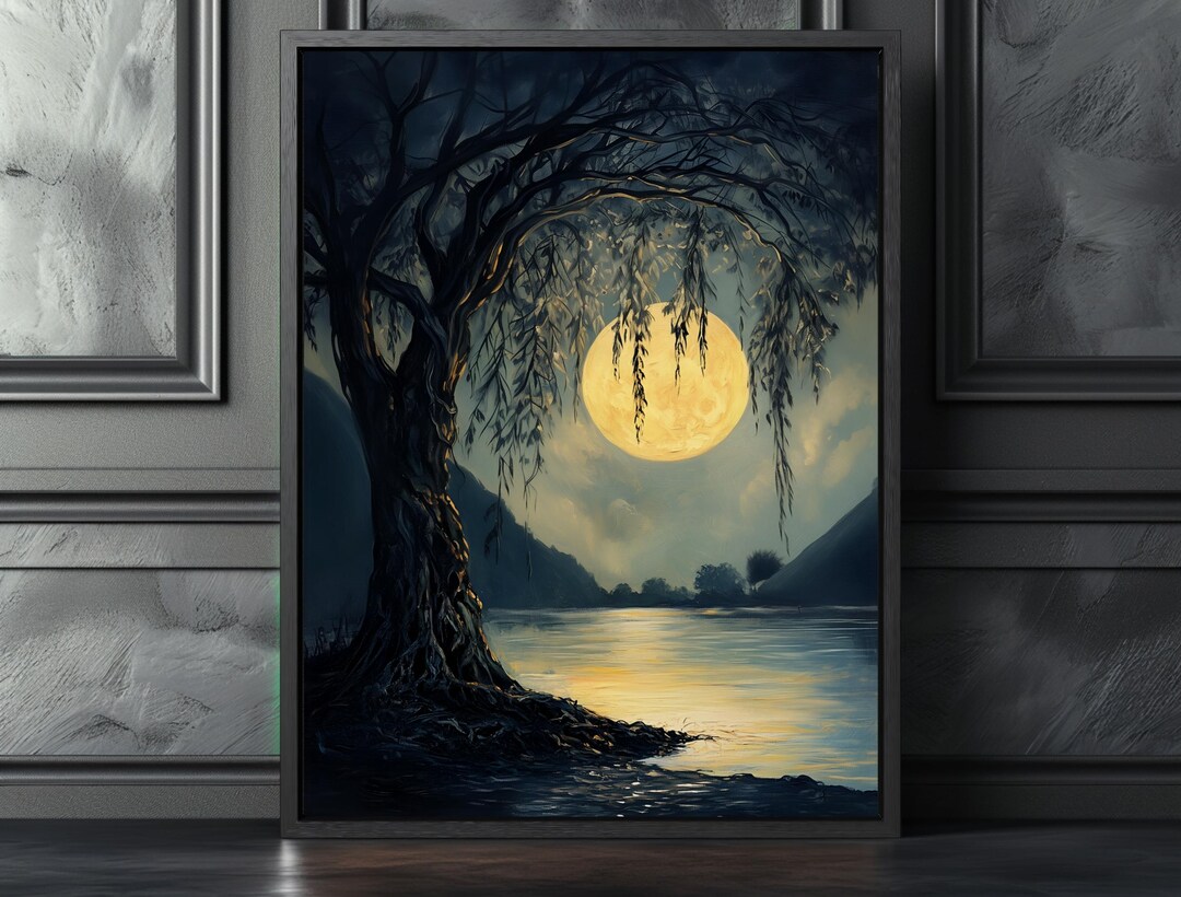 Moody Full Moon Art Print - Dark Moonlit Forest - Vintage Moonlight Oil ...