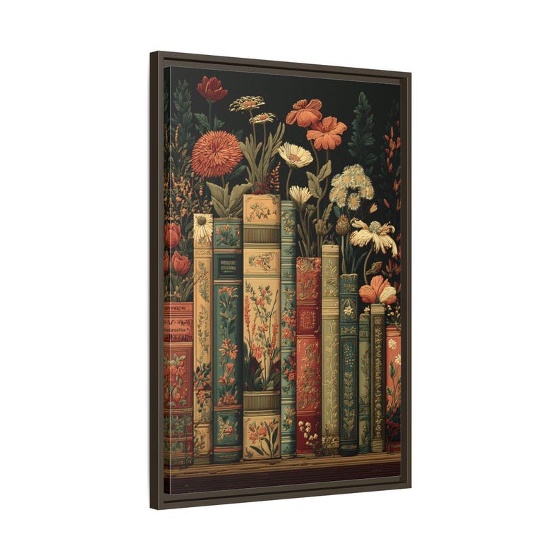 Dark Floral Vintage Library Art Print, Moody Botanical Bookshelf Wall Art image 14