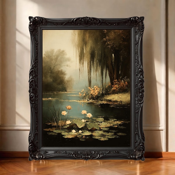 Moody Nature Landscape Print, Vintage Floral Lily River Canvas Decor
