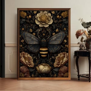 Dark Floral Botanical Bee Print, Vintage Insect and Flower Poster