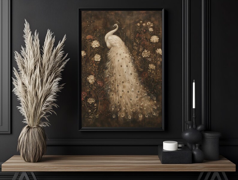 Vintage Peacock Print Wall Art Kitchen Decor, Large Framed Botanical