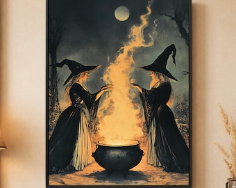 Witch Cauldron Wall Art, Dark Halloween Print, Moonlit Magic Decor, Spooky Room Poster