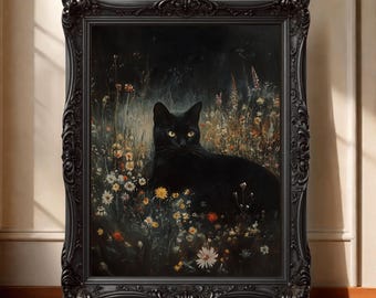 May include: A framed painting of a black cat with yellow eyes, resting in a field of wildflowers. The artwork is set within a black, ornate frame, adding a touch of elegance. The cat is the focal point, with the flowers adding color.