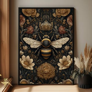 Cottagecore Bee Wall Art, Dark Floral Botanical Print, Vintage Insect and Flower Poster, Nature Lover Decor, Rustic Apothecary Style Canvas